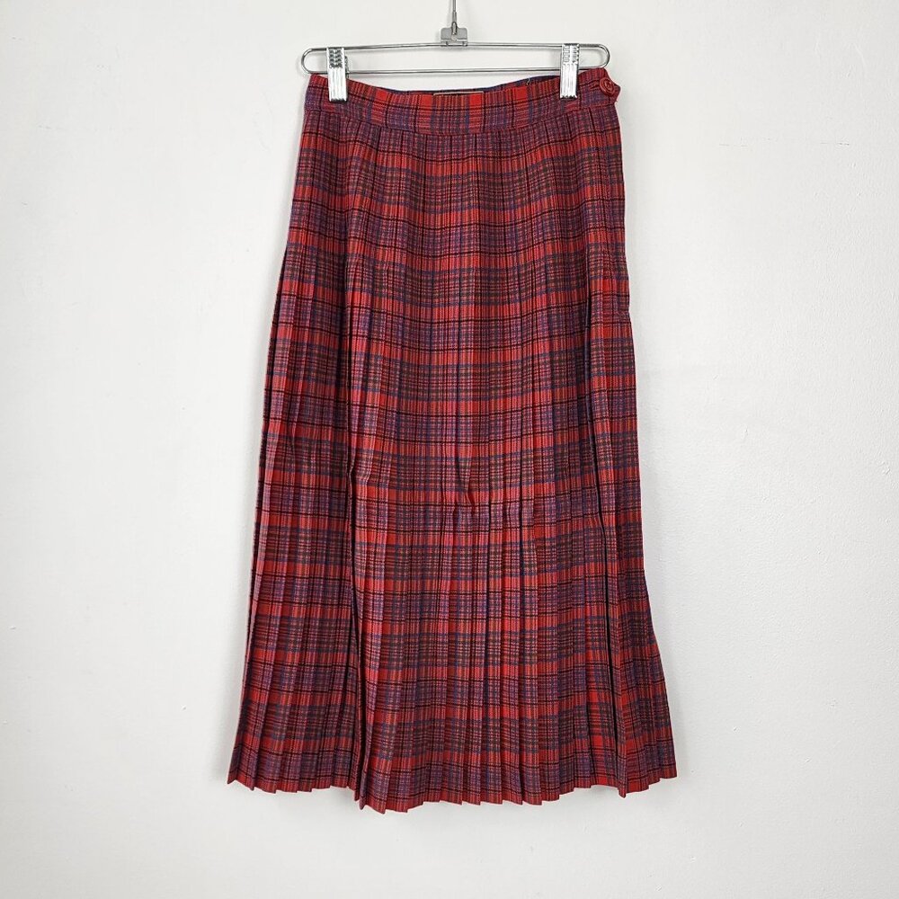 Aljean Canada Red & Blue Wool Tartan Vintage 1960s Pleated Midi Skirt Side Zip